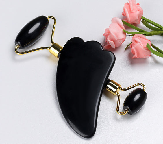 Natural Quartz Scraper Jade Roller Guasha Set Black Genuine