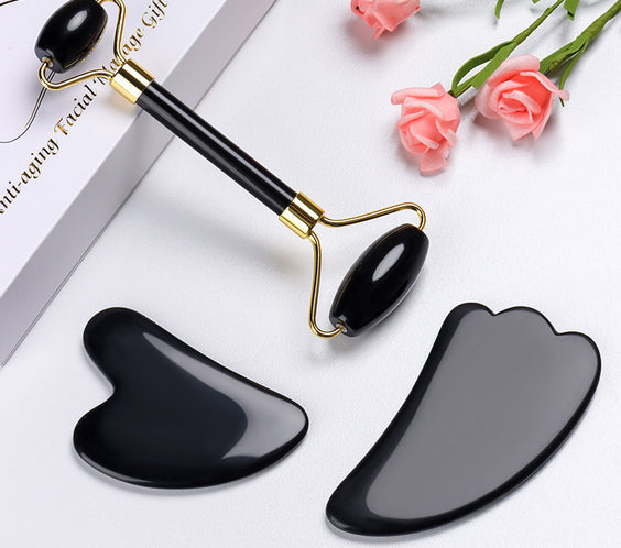 Natural Quartz Scraper Jade Roller Guasha Set Black Genuine