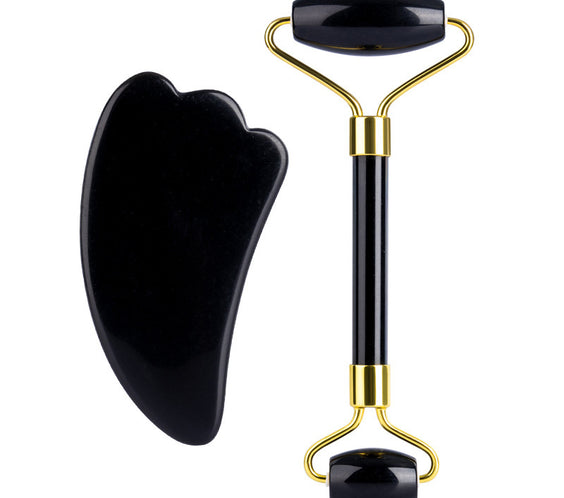 Natural Quartz Scraper Jade Roller Guasha Set Black Genuine