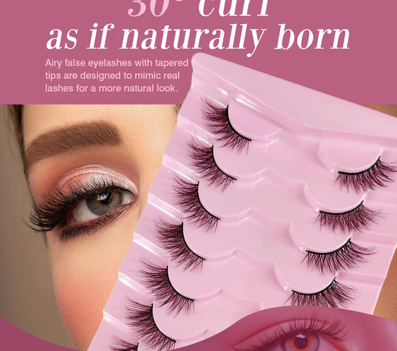 Natural Lashes Wispy Lashes Natural Look False Eyelashes Natural Flared Eyelashes False Eye Lashes Soft Fluffy Lashes 7 Pairs 6mm Gradual 13mm Cat's Eye Transparent Stem Eye Tail Elongated Half Eye Na